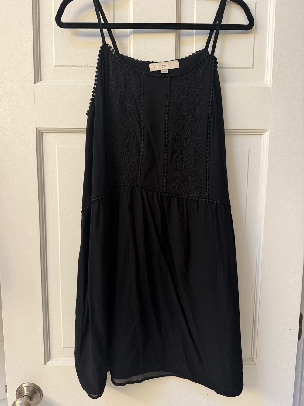 LOFT Black Embroidered Spaghetti Strap Swing Dress Size M Boho